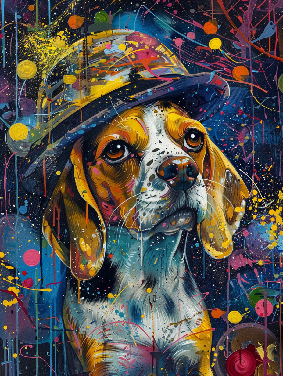 colorful space Beagle dog with a hat Expressive surreal Poster # F025621
