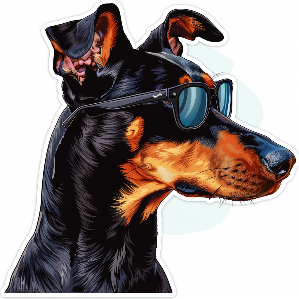 Sticker of a Doberman Pinscher Dog wearing sunglasses Expressive surreal Vinyl Decal Sticker for Car, Laptop, Tumbler and more # F019223