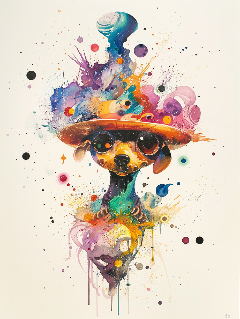 Colorful space Dachshund dog with a hat Expressive surreal Poster # F024969
