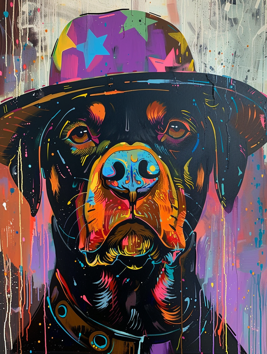 Colorful space Rottweiler dog with a hat Expressive surreal Poster # F024904