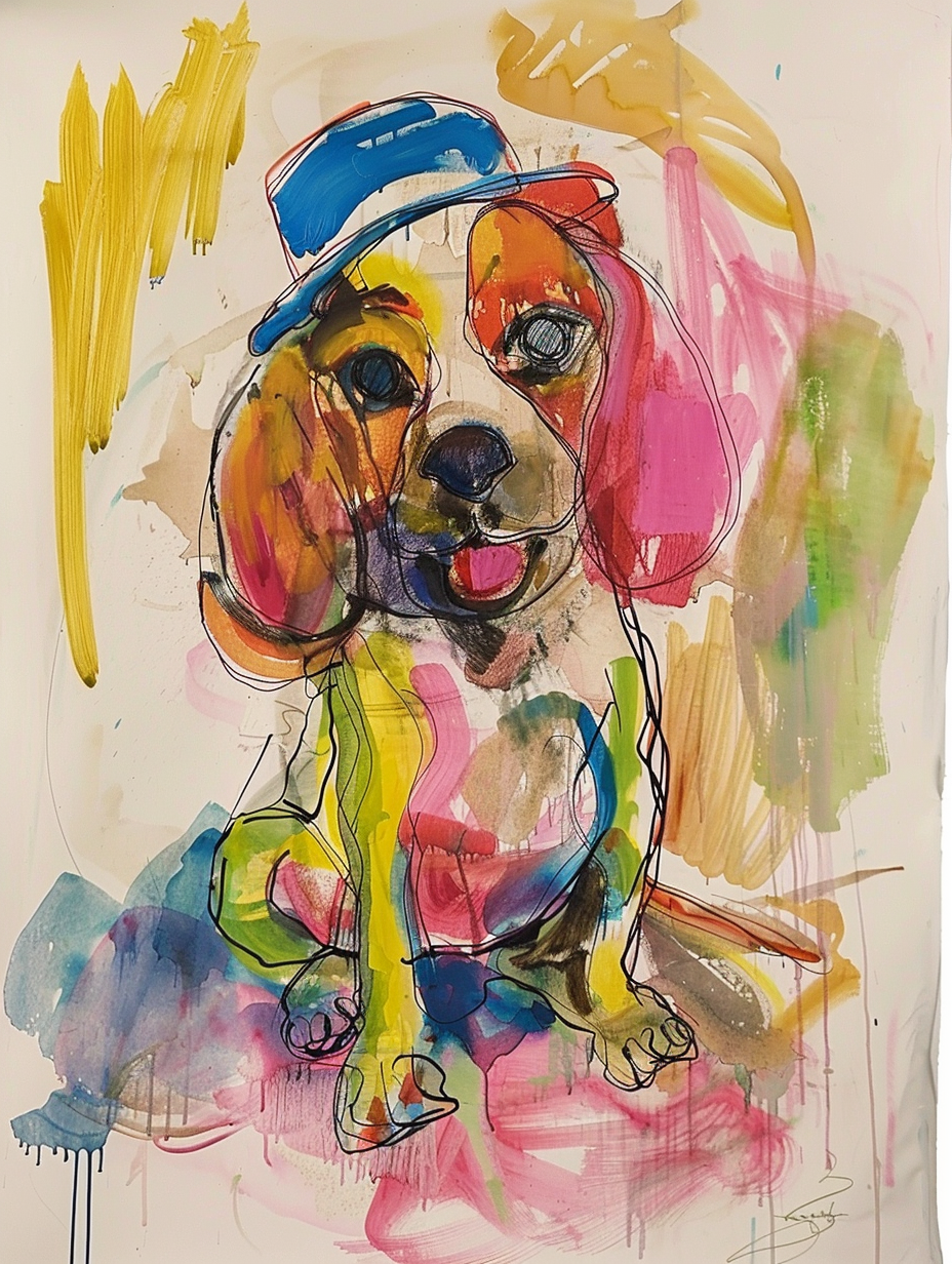 Colorful space Beagle dog with a hat Expressive surreal Poster # F024529