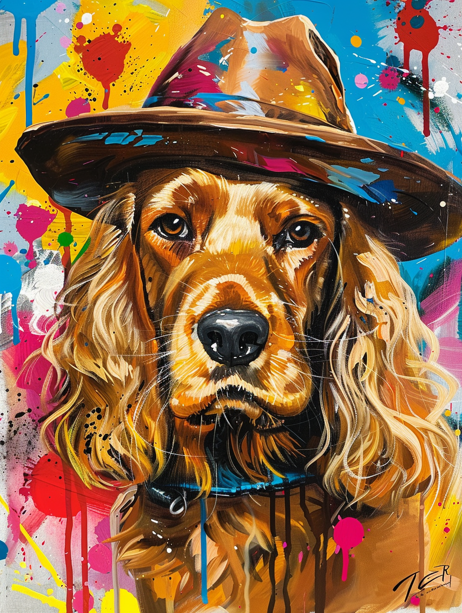 Colorful space Cocker Spaniel dog with a hat Expressive surreal Poster # F024547