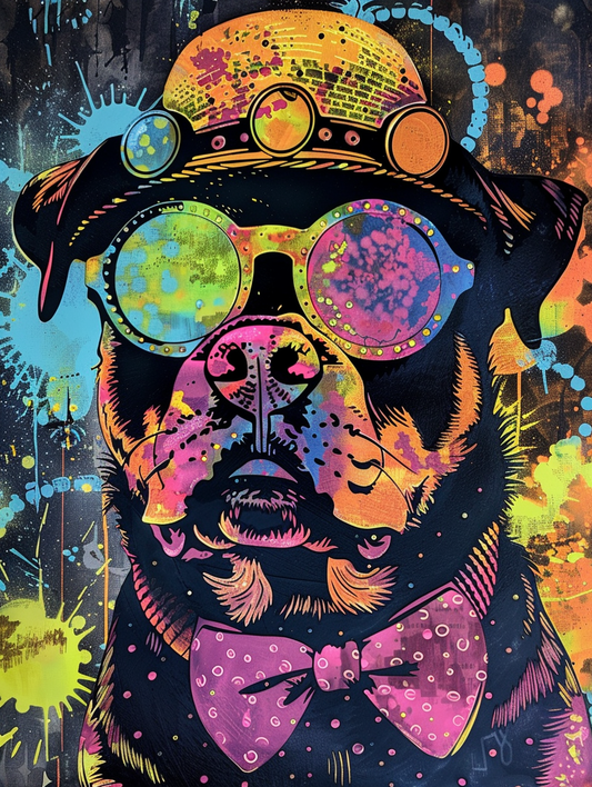 Colorful space Rottweiler dog with a hat Expressive surreal Poster # F025570