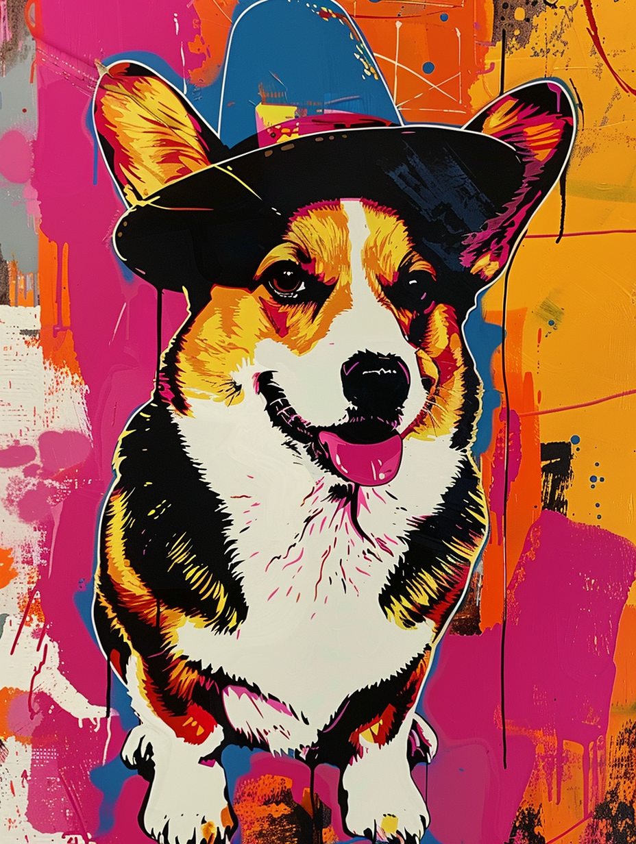 Colorful space Pembroke Welsh Corgi dog with a hat Expressive surreal Poster # F025508