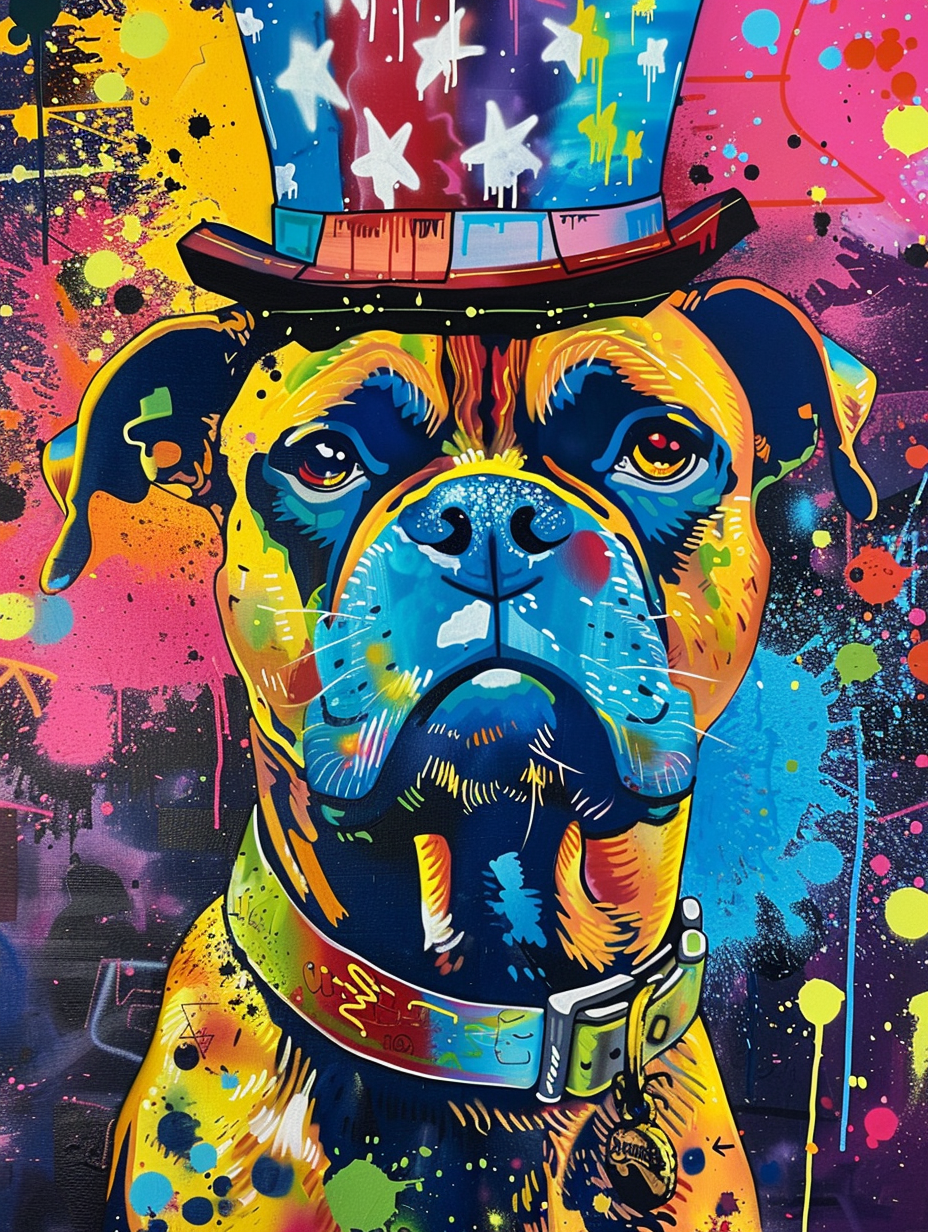Colorful space Boxer dog with a hat Expressive surreal Poster # F025454