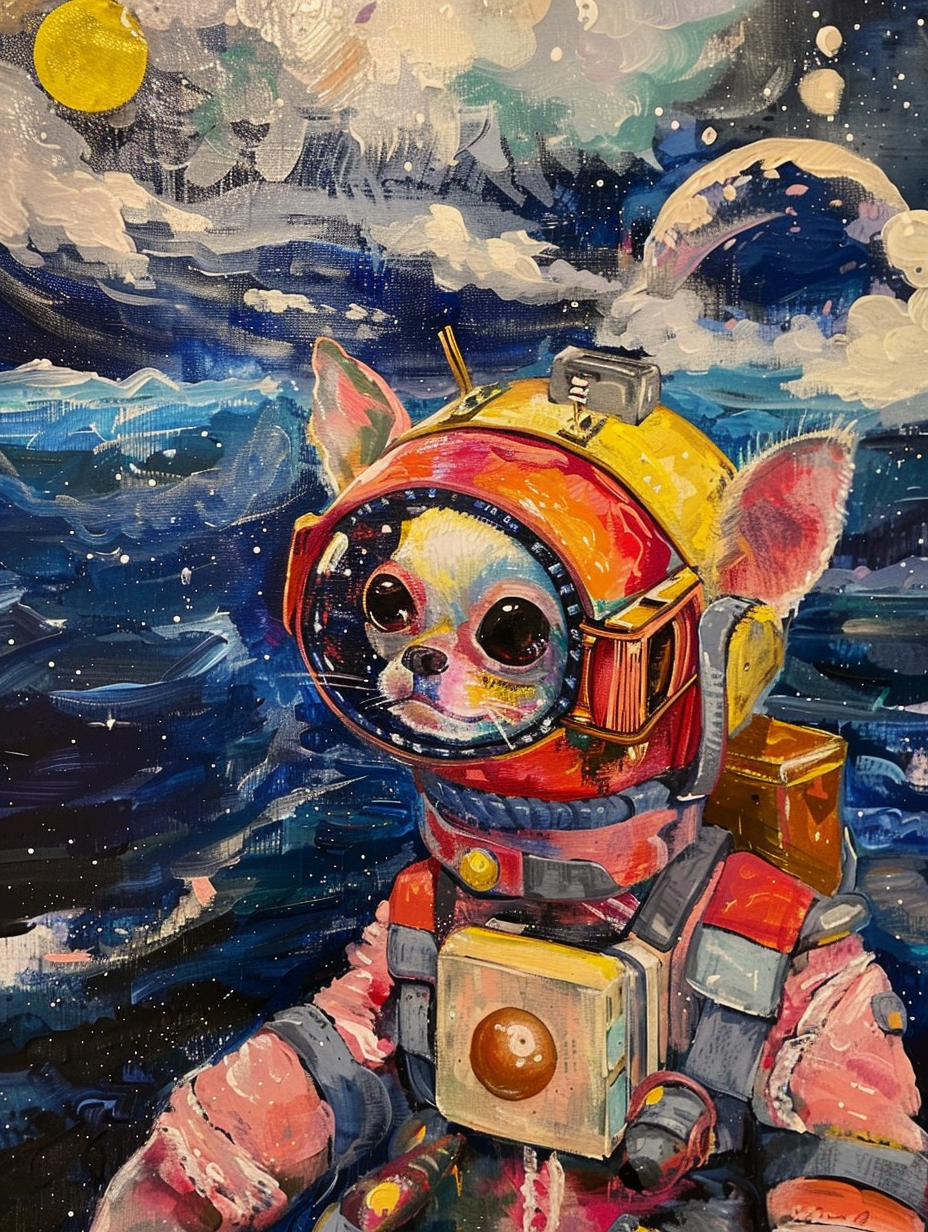 Colorful space Chihuahua dog with a hat Expressive surreal Poster # F024984