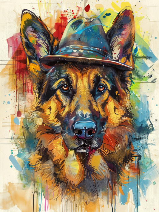 Colorful space German Shepherd dog with a hat Expressive surreal Poster # F025165