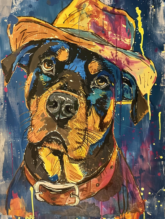 Colorful space Rottweiler dog with a hat Expressive surreal Poster # F024896