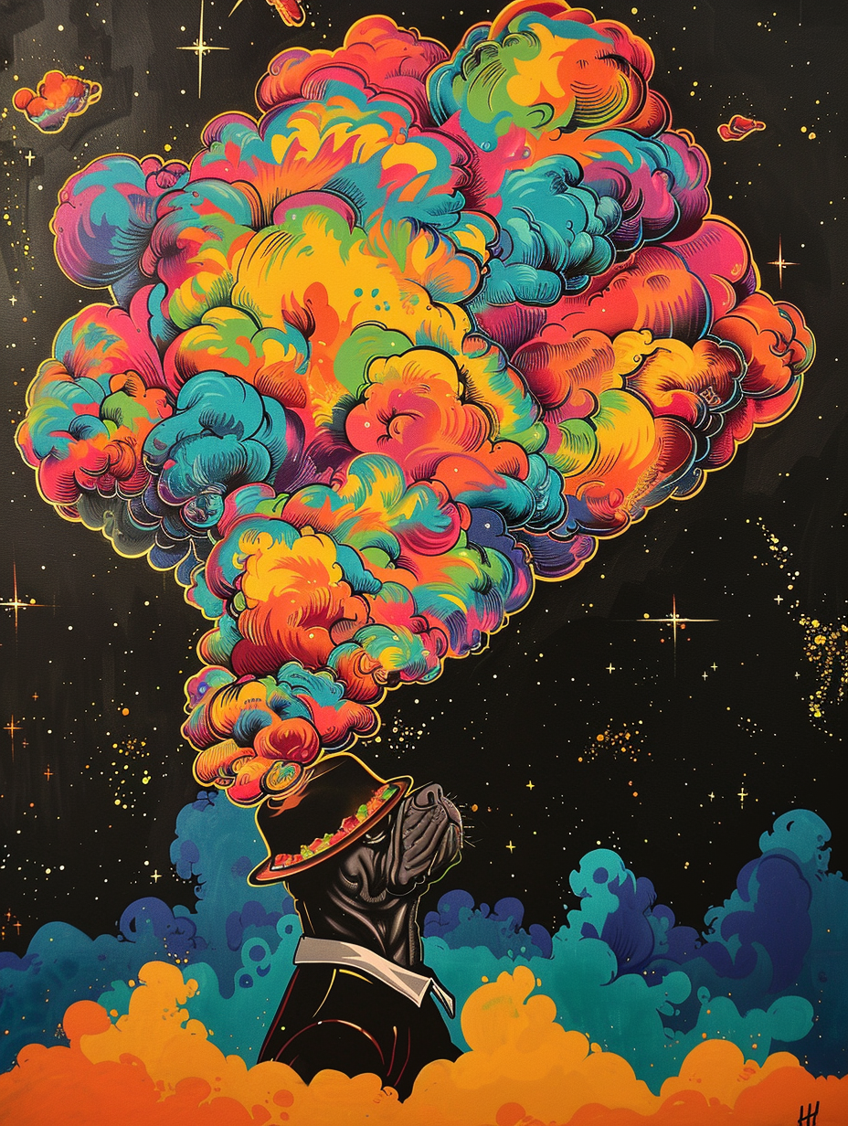 colorful space Boston Terrier dog with a hat Expressive surreal Poster # F025128