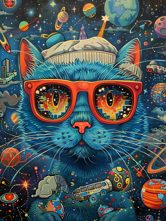 colorful space Russian Blue cat with a hat Expressive surreal Poster # F025216