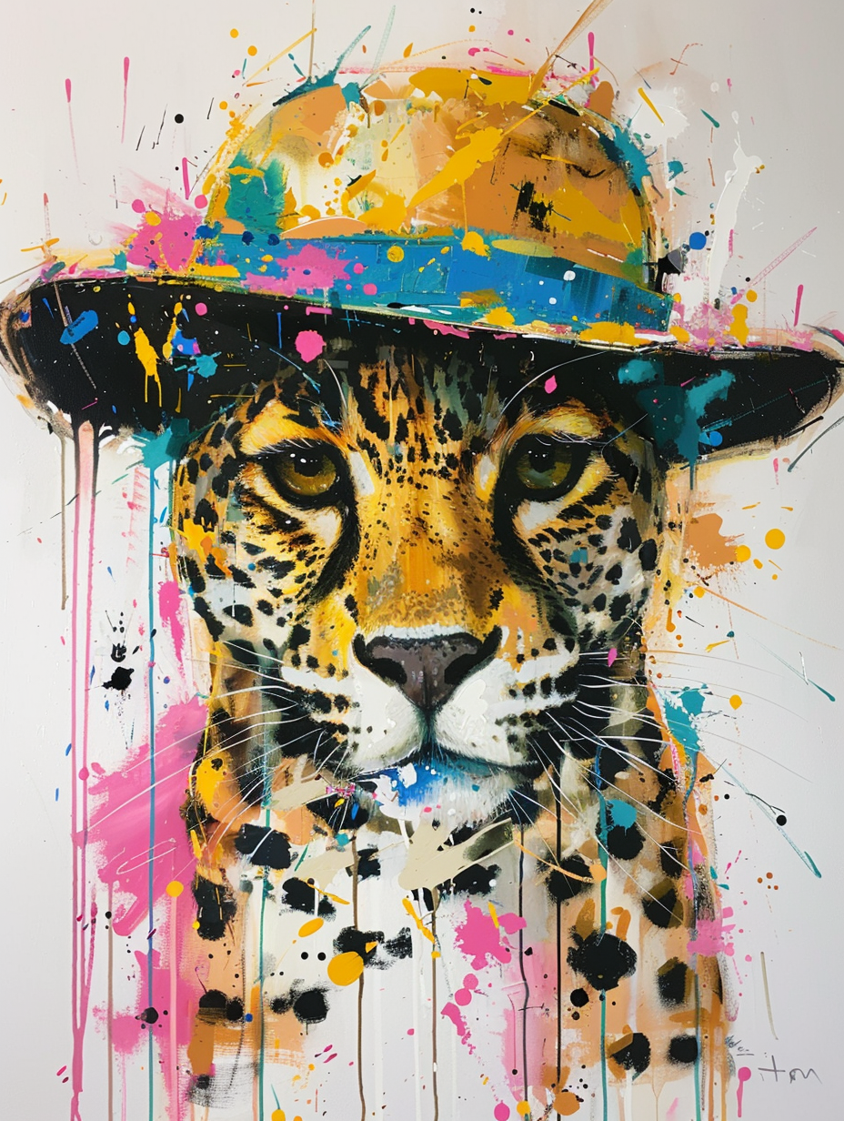 Colorful space Savannah cat with a hat Expressive surreal Poster # F025241