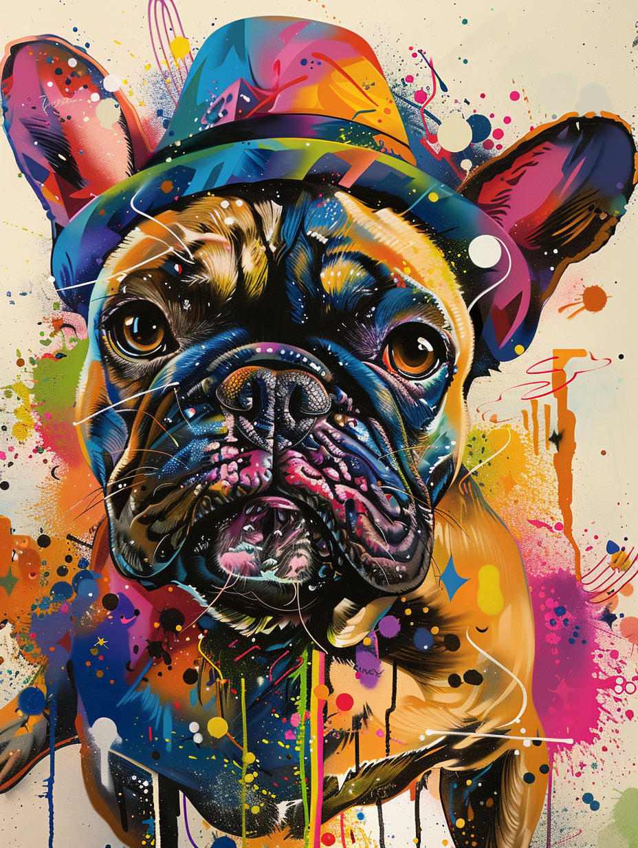 Colorful space French Bulldog dog with a hat Expressive surreal Poster # F025399