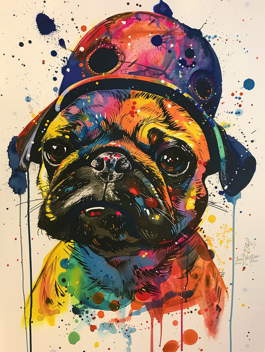 Colorful space Pug dog with a hat Expressive surreal Poster # F024564