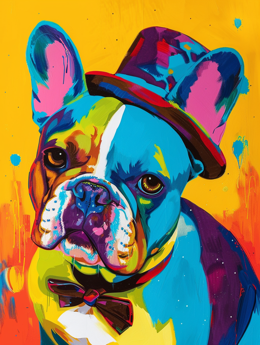 Colorful space French Bulldog dog with a hat Expressive surreal Poster # F025552