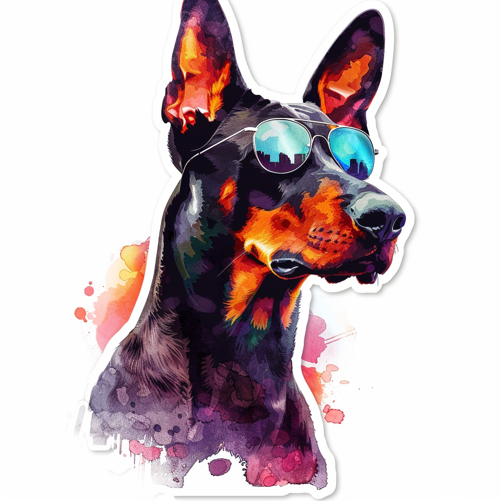 Sticker of a Doberman Pinscher Dog wearing sunglasses Expressive surreal Vinyl Decal Sticker for Car, Laptop, Tumbler and more # F019185