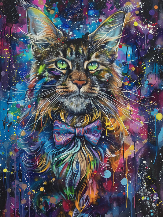 Colorful space Maine Coon cat with a bow tie Expressive surreal Poster # F024687