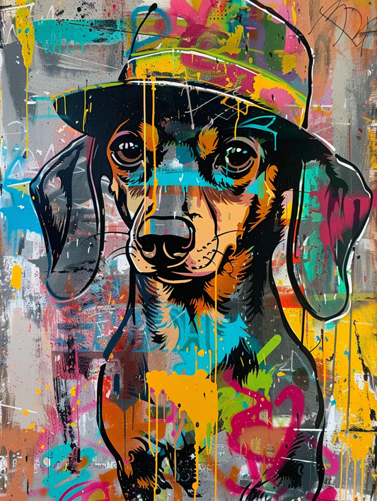 Colorful space Dachshund dog with a hat - Expressive surreal Poster # F025455