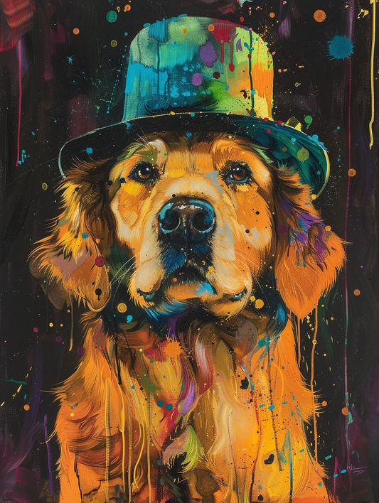 colorful space Golden Retriever dog with a hat Expressive surreal Poster # F025162