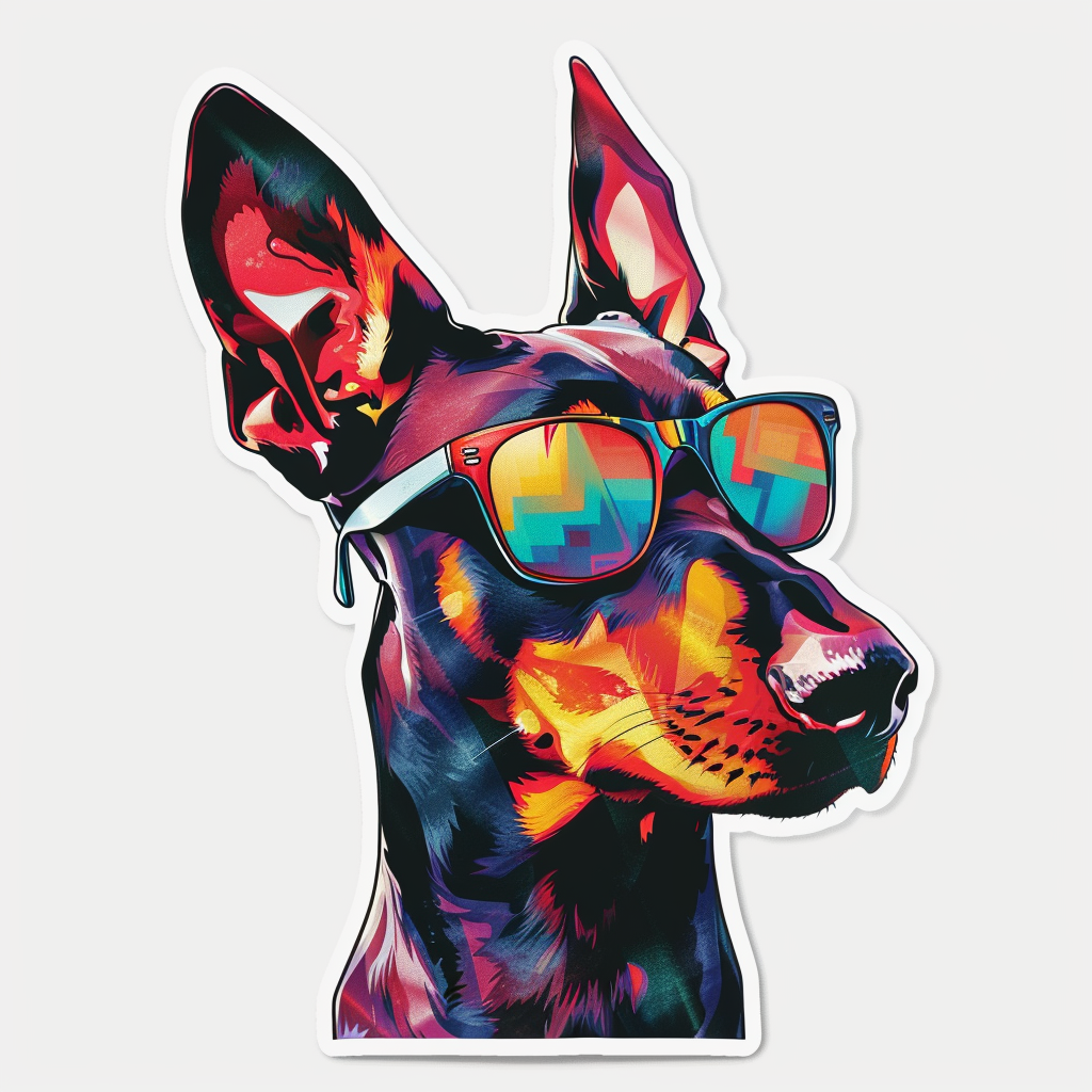 Sticker of a Doberman Pinscher Dog wearing sunglasses Expressive surreal Vinyl Decal Sticker for Car, Laptop, Tumbler and more # F019193