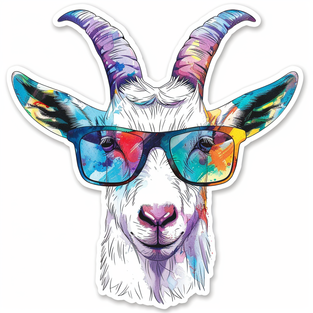 Goat wearing sunglasses Expressive surreal Vinyl Decal Sticker for Car, Laptop, Tumbler and more # F020447-4" x 4"