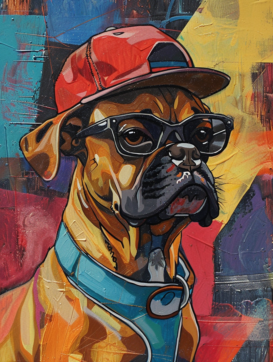 Colorful space Boxer dog with a hat Expressive surreal Poster # F025074
