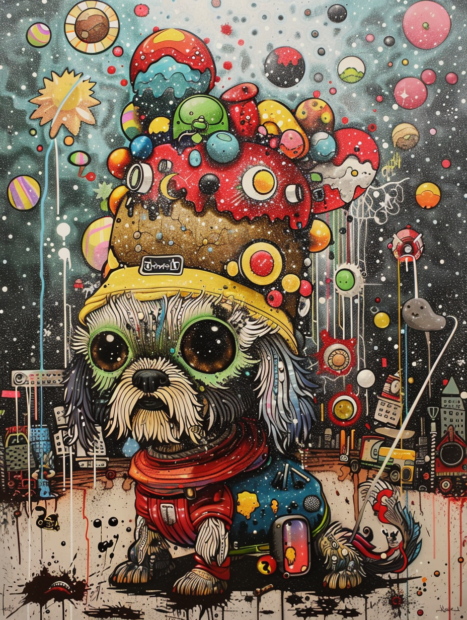 Colorful space Shih Tzu dog with a hat Expressive surreal Poster # F024538