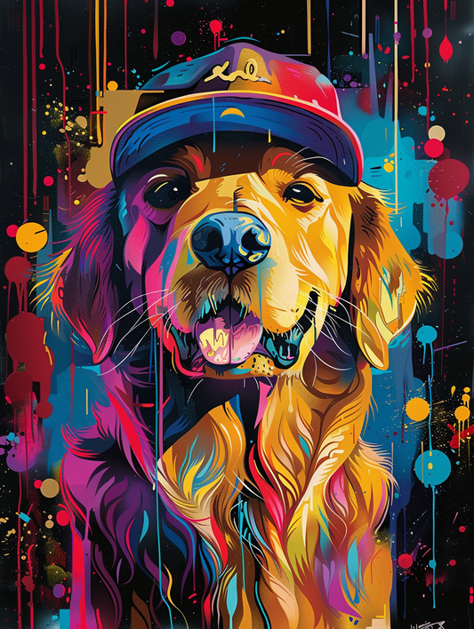 Colorful space Golden Retriever dog with a hat Expressive surreal Poster # F024473