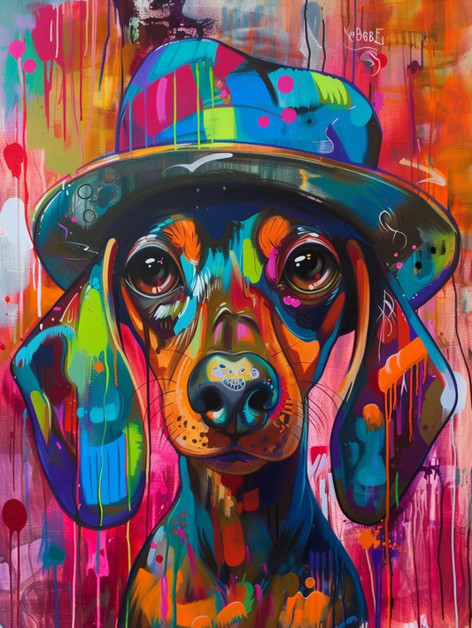 Colorful space Dachshund dog with a hat Expressive surreal Poster # F024909