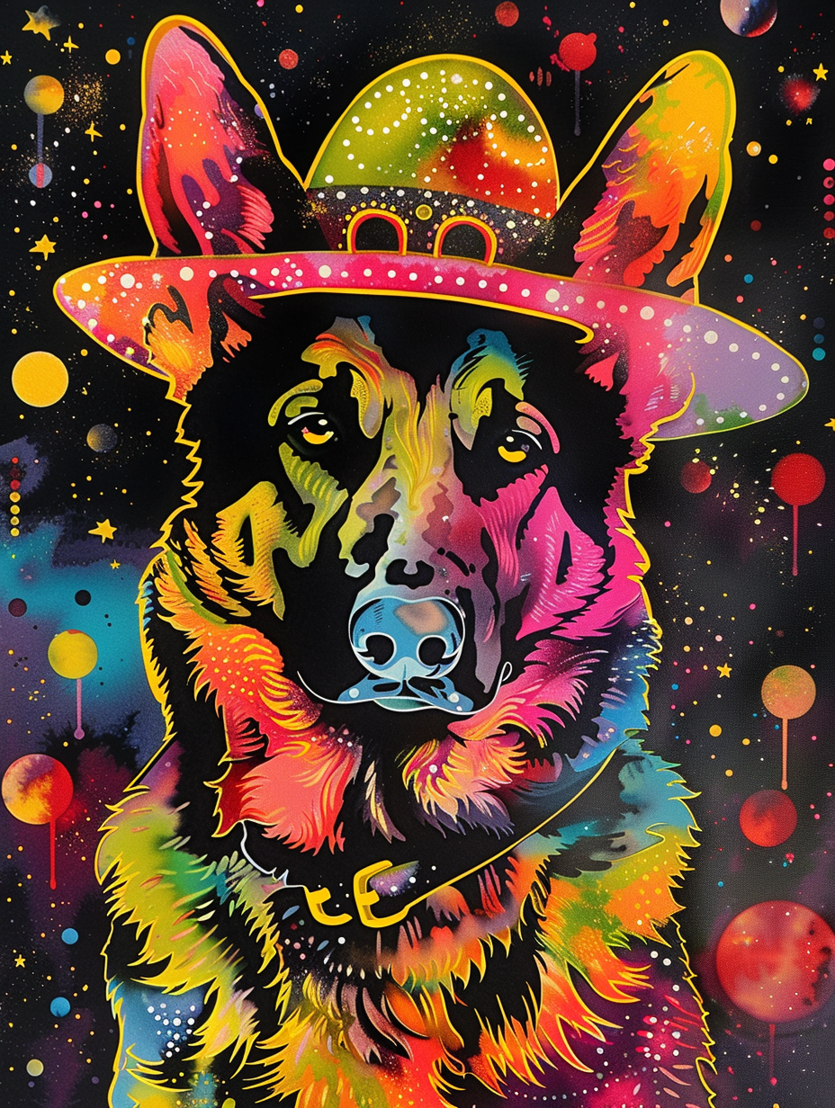 Colorful space German Shepherd dog with a hat Expressive surreal Poster # F025173