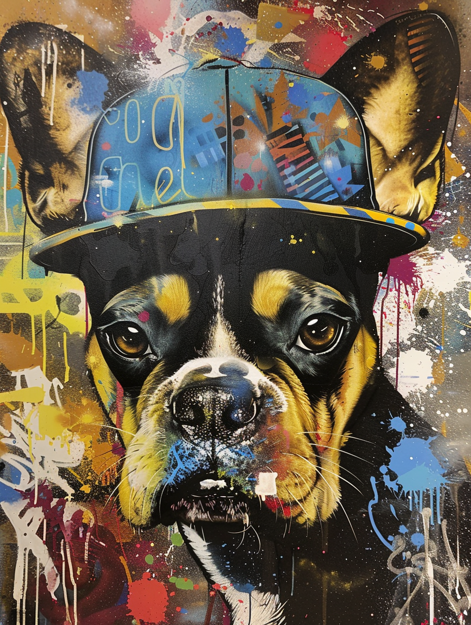 Colorful space Boxer dog with a hat Expressive surreal Poster # F025444