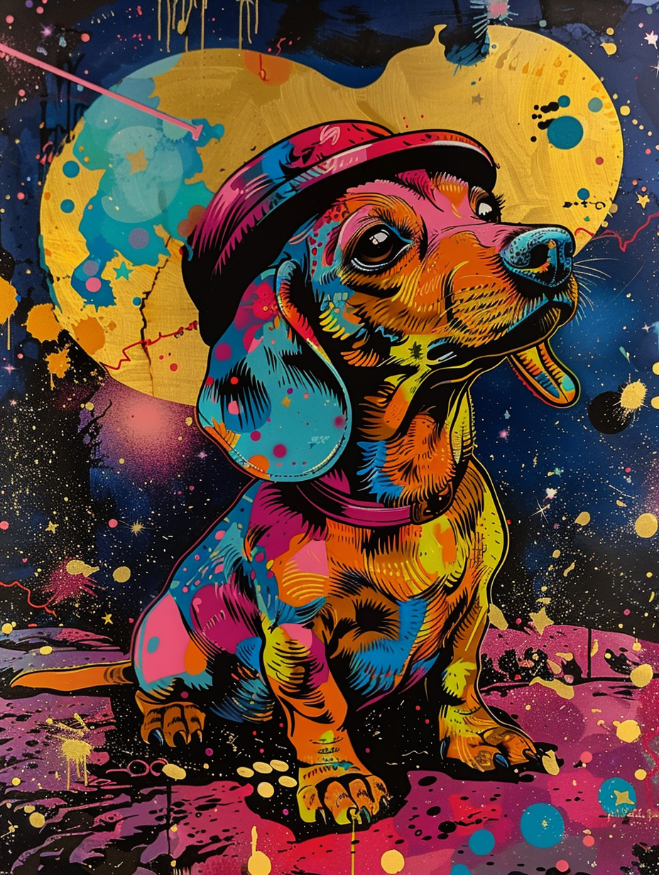 Colorful space Dachshund dog with a hat Expressive surreal Poster # F024901