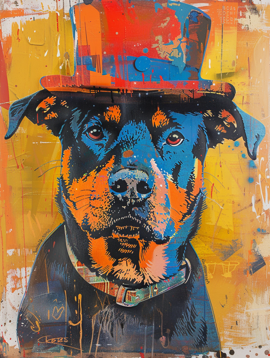 Colorful space Rottweiler dog with a hat Expressive surreal Poster # F025072