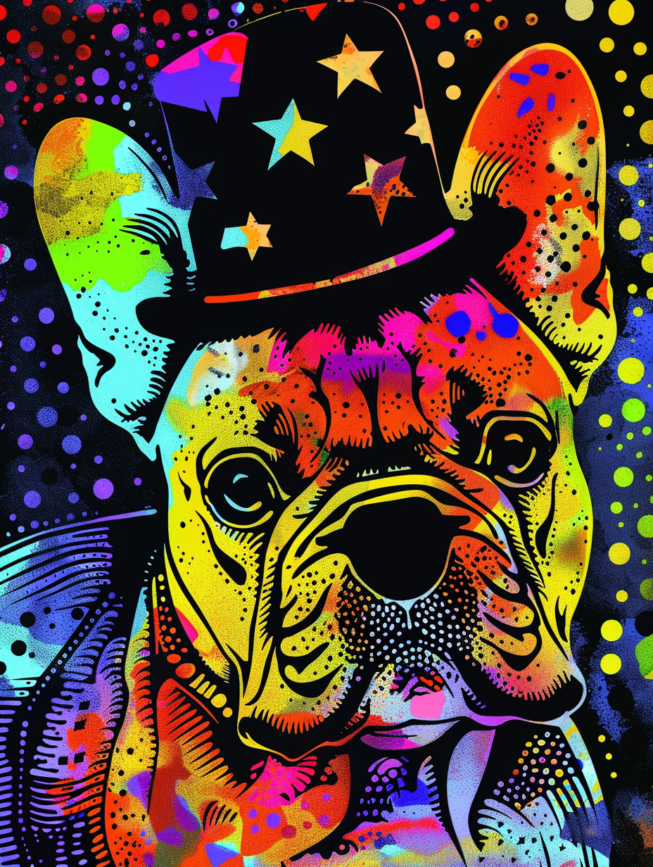 Colorful space French Bulldog dog with a hat Expressive surreal Poster # F025181