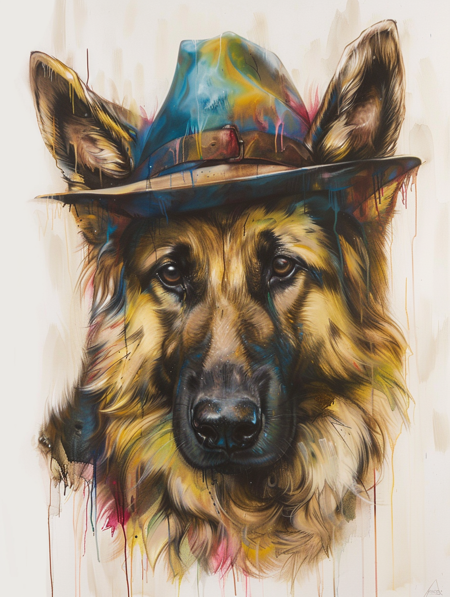 colorful space German Shepherd dog with a hat Expressive surreal Poster # F025608