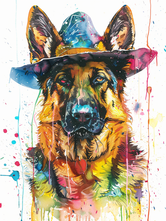 colorful space German Shepherd dog with a hat Expressive surreal Poster # F025553