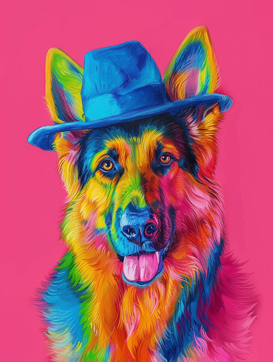 Colorful space German Shepherd dog with a hat Expressive surreal Poster # F025056