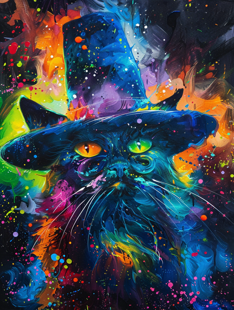 Colorful space Norwegian Forest Cat cat with a hat Expressive surreal Poster # F025344