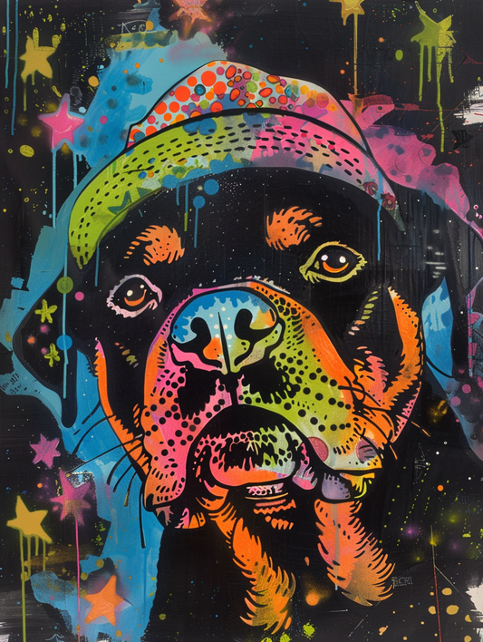 Colorful space Rottweiler dog with a hat Expressive surreal Poster # F025465