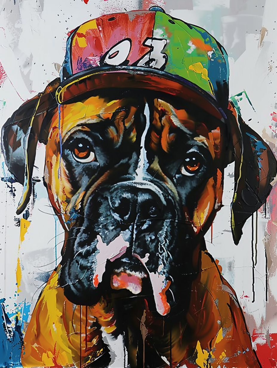 Colorful space Boxer dog with a hat Expressive surreal Poster # F024584