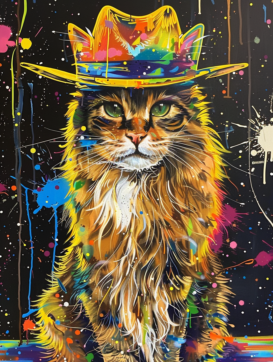 Colorful space Norwegian Forest Cat cat with a hat Expressive surreal Poster # F025354
