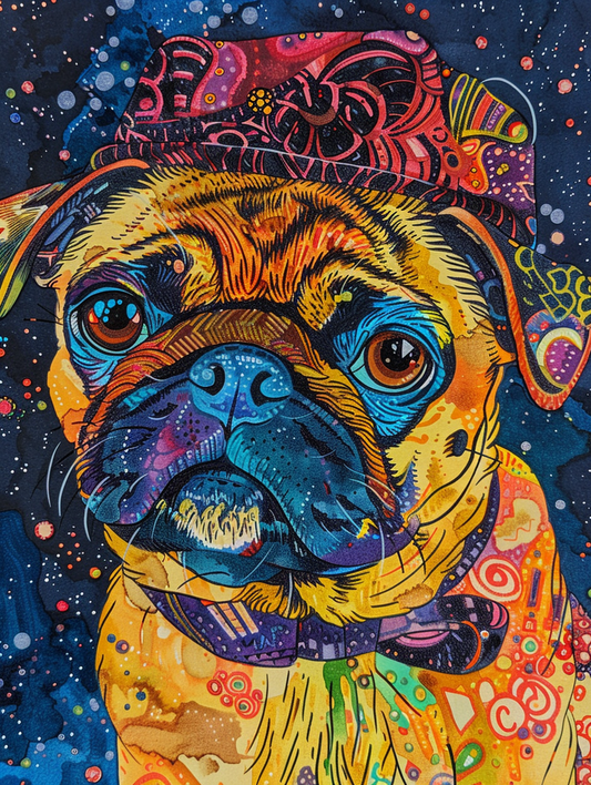 Colorful space Pug dog with a hat Expressive surreal Poster # F025115