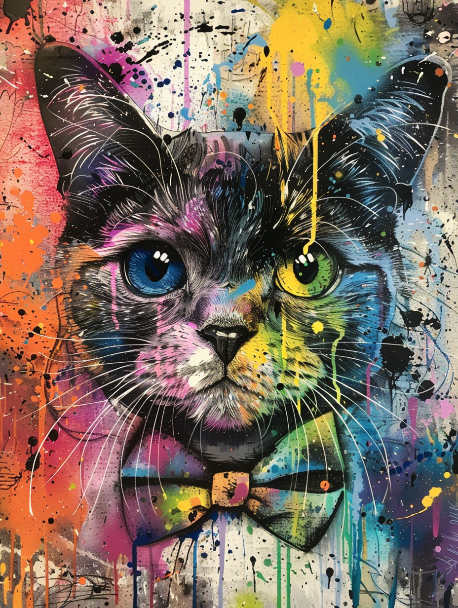Colorful space Scottish Fold cat with a bow tie Expressive surreal Poster # F024313