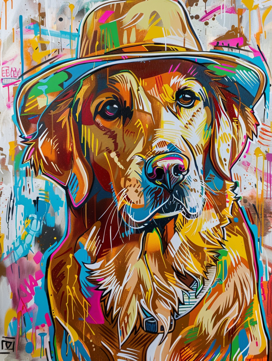 Colorful space Golden Retriever dog with a hat Expressive surreal Poster # F025564