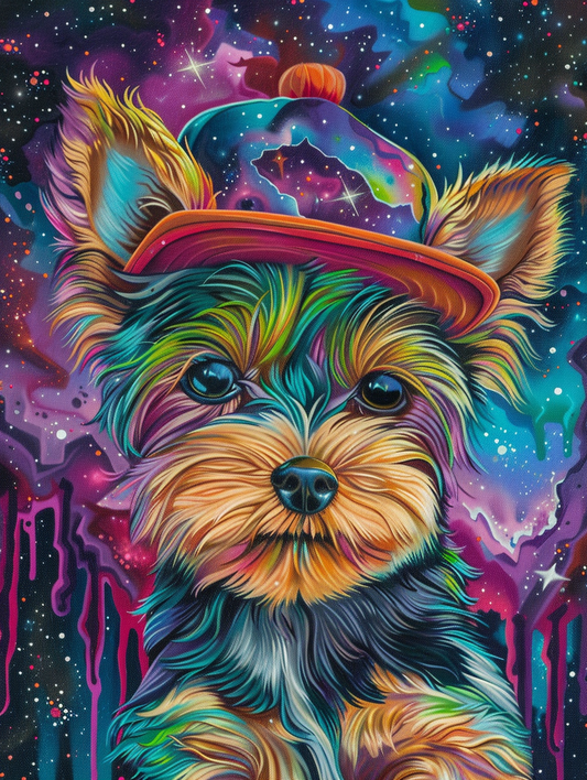 Colorful space Yorkshire Terrier dog with a hat Expressive surreal Poster # F024869