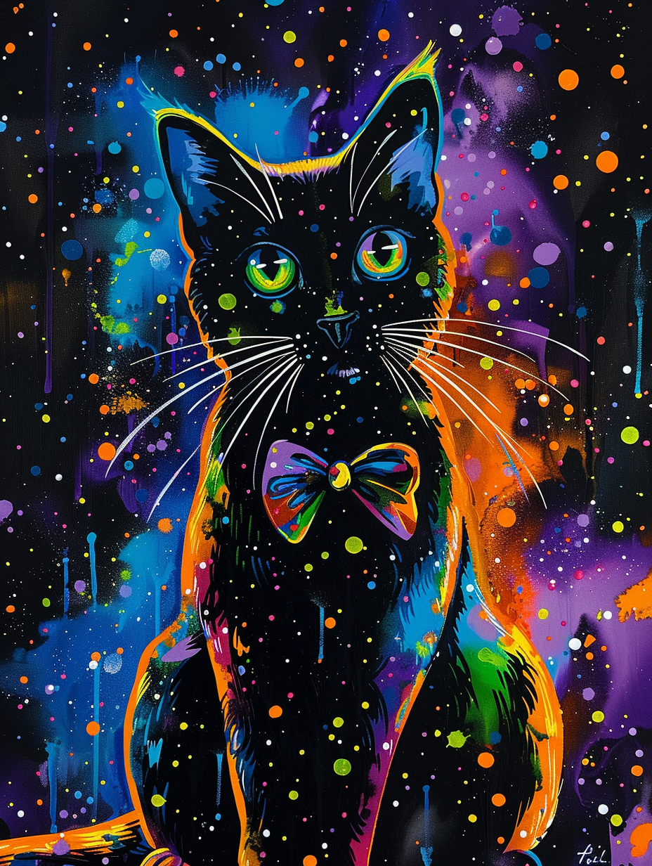 Colorful space British Shorthair cat with a bow tie Expressive surreal Poster # F024711