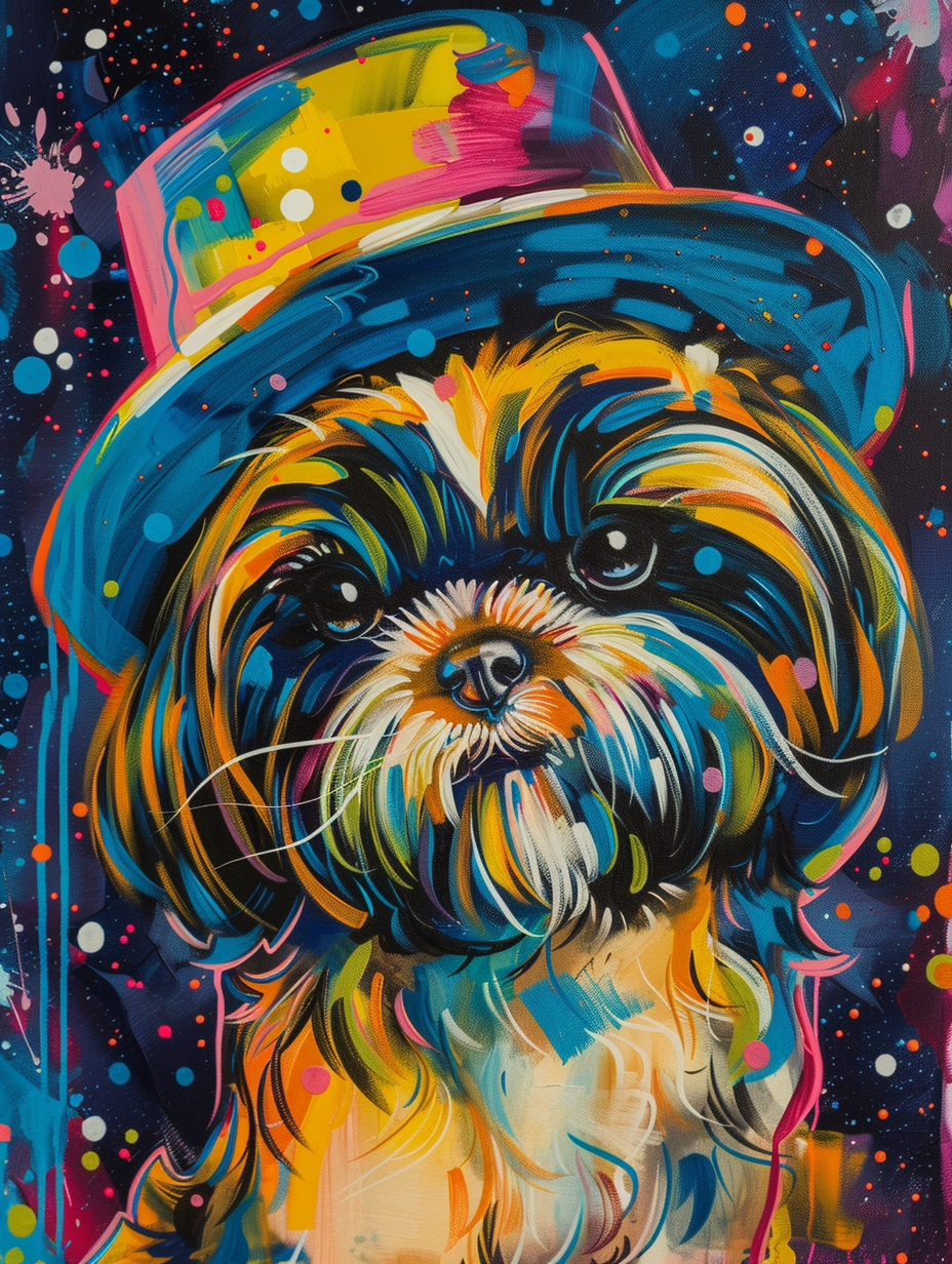 Colorful space Shih Tzu dog with a hat Expressive surreal Poster # F024545
