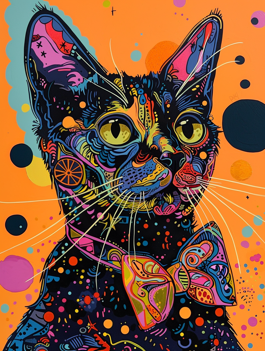 Colorful space British Shorthair cat with a bow ti Expressive surreal Poster # F024714