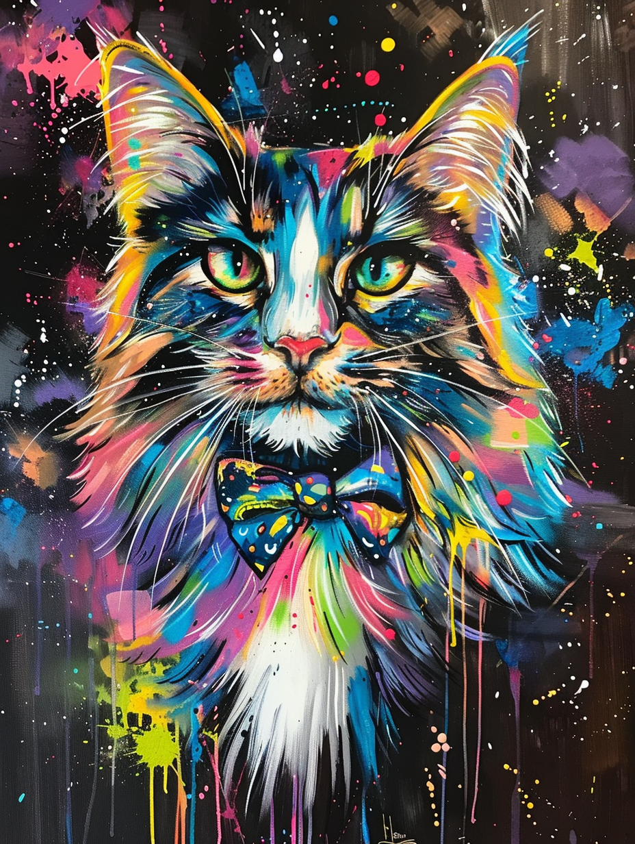 Colorful space Norwegian Forest Cat cat with a bow Expressive surreal Poster # F024349