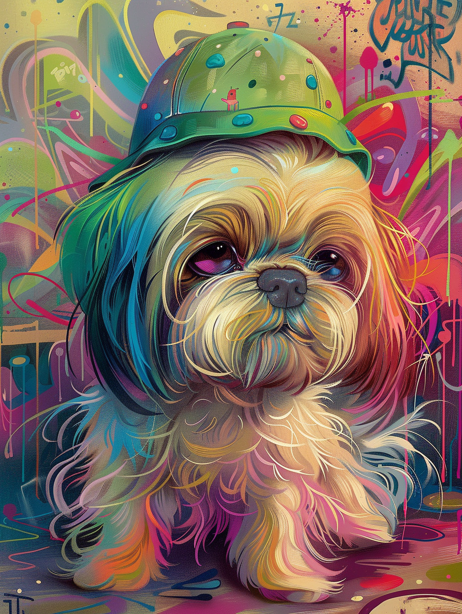 Colorful space Shih Tzu dog with a hat Expressive surreal Poster # F025430