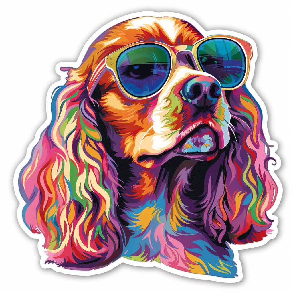 Sticker of a Cocker Spaniel Dog wearing sunglasses Expressive surreal Vinyl Decal Sticker for Car, Laptop, Tumbler and more # F020144